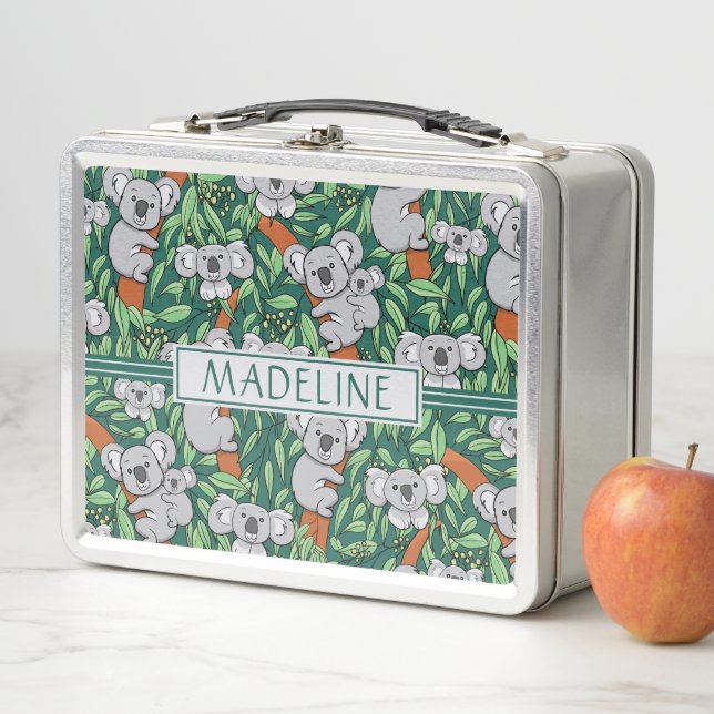 Cute Koala Pattern Personalised Hunter Green Metal Lunch Box (In Situ)
