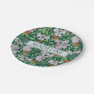 Cute Koala Pattern Personalised Hunter Green Paper Plate