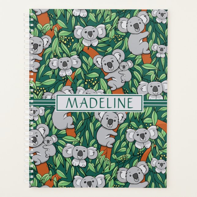 Cute Koala Pattern Personalised Hunter Green Planner (Front)