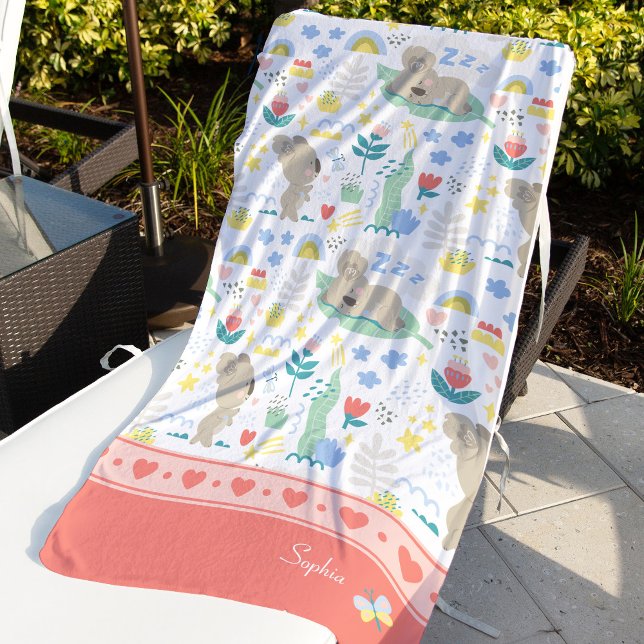 Cute Koala Pattern with Little Girl Name on Pink Beach Towel (Creator Uploaded)