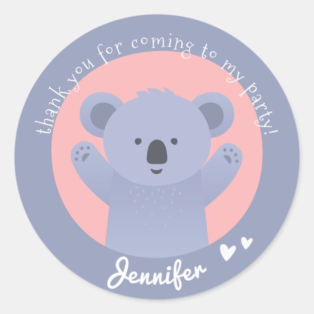 Cute Koala - Personalised Kids Birthday Thank You Classic Round Sticker (Front)