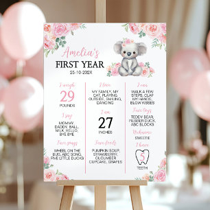 Cute Koala Pink Floral Birthday Milestone Sign