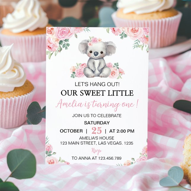 Cute Koala Pink Floral Girl Birthday Invitation (Creator Uploaded)