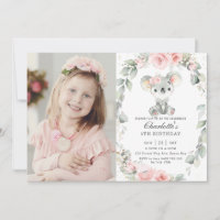 Cute Koala Pink Floral Greenery Birthday Photo