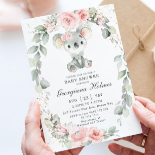 Cute Koala Pink Floral Sage Greenery Baby Shower Invitation