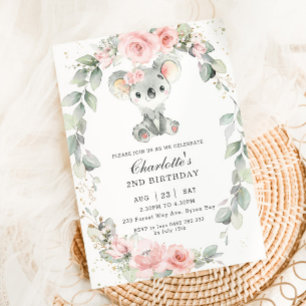 Cute Koala Pink Floral Sage Greenery Birthday Invitation