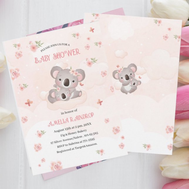 Cute Koala pink flowers baby shower watercolor Invitation (Creator Uploaded)