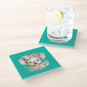 Cute Koala Teal Glass Coaster