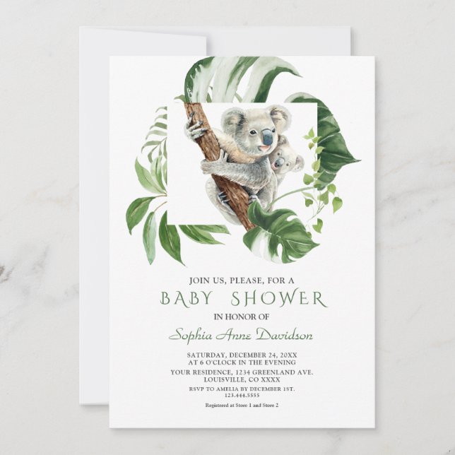 Cute Koala Tropical Greenery Baby Shower Invitation (Front)