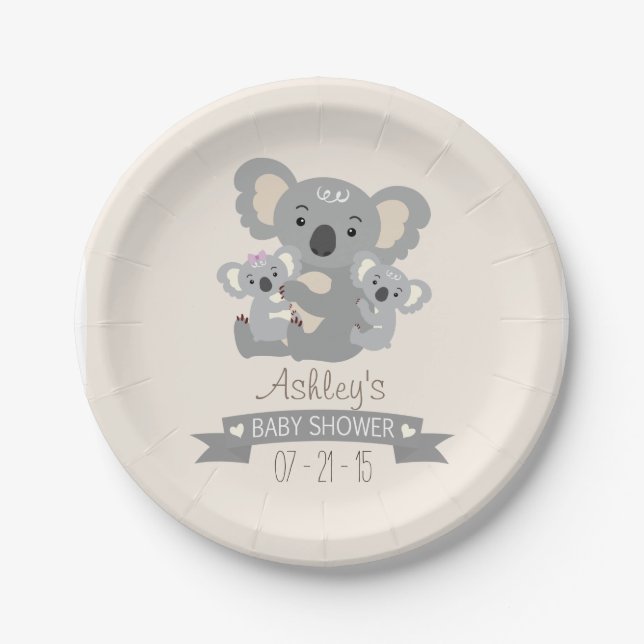 Cute Koala Twins Baby Shower Paper Plate (Front)