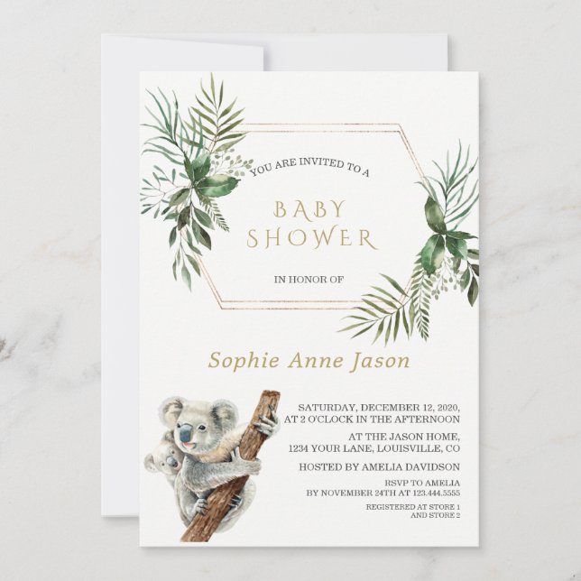 Cute Koala Watercolor Greenery Gold Baby Shower Invitation (Front)
