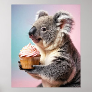 Cute Koala With Cupcake Pastel Gradient Poster