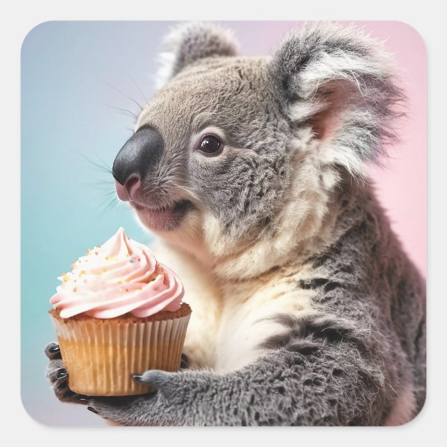 Cute Koala With Cupcake Pastel Gradient Square Sticker (Front)
