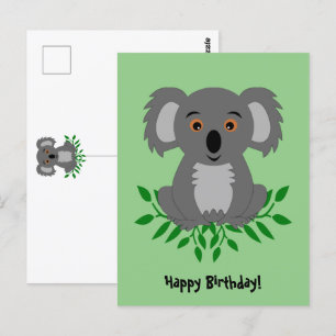 Cute koala with eucalyptus kids birthday postcard