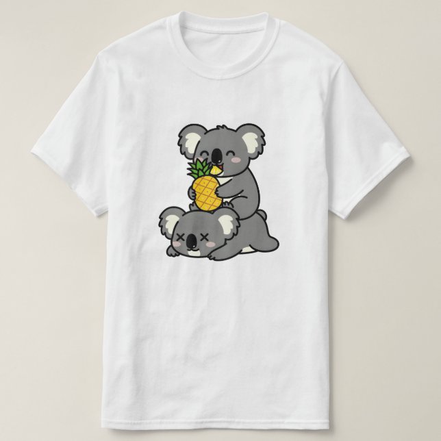 Cute Koalas Eating Pineapple Cartoon Design T-Shirt (Design Front)