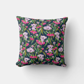 Cute Koalas Pale Lilac on Pink Eucalyptus Flowers Cushion