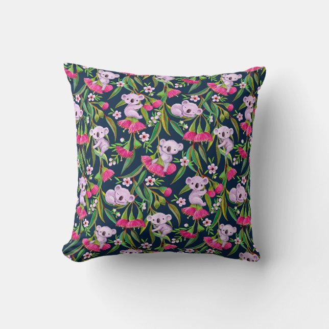 Cute Koalas Pale Lilac on Pink Eucalyptus Flowers Cushion (Front)