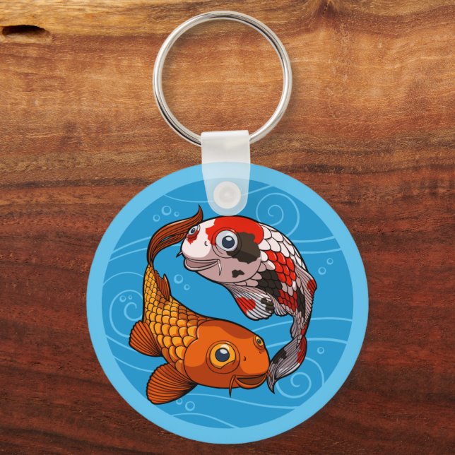 Cute Koi Carp Friends Swimming Yin Yang Cartoon Key Ring (Front)