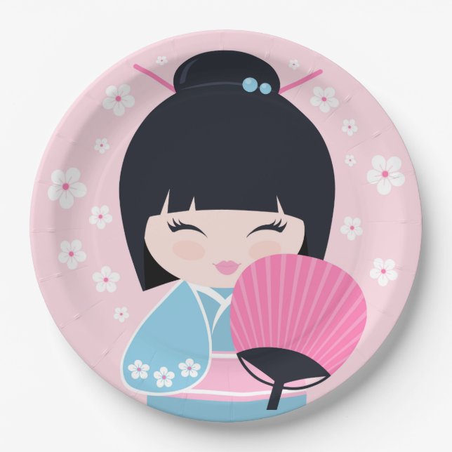 Cute Kokeshi Doll Birthday Paper Plate (Front)
