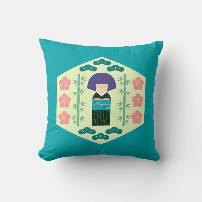 Cute Kokeshi Doll Hexagon Pattern Cushion (Front)