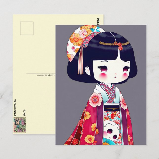 Cute Kokeshi Doll, Postcrossing Postcard (Front/Back)