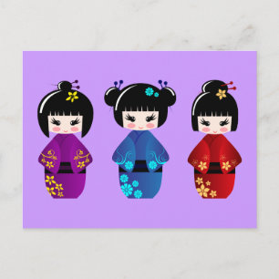 Cute kokeshi dolls cartoon postcard