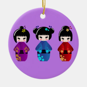 Cute kokeshi dolls cartoon purple ceramic tree decoration