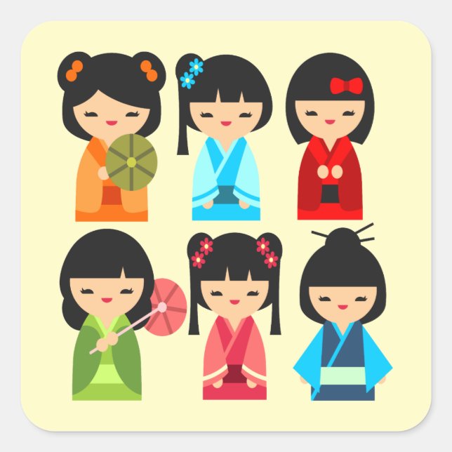 Cute Kokeshi Japanese dolls Square Sticker (Front)