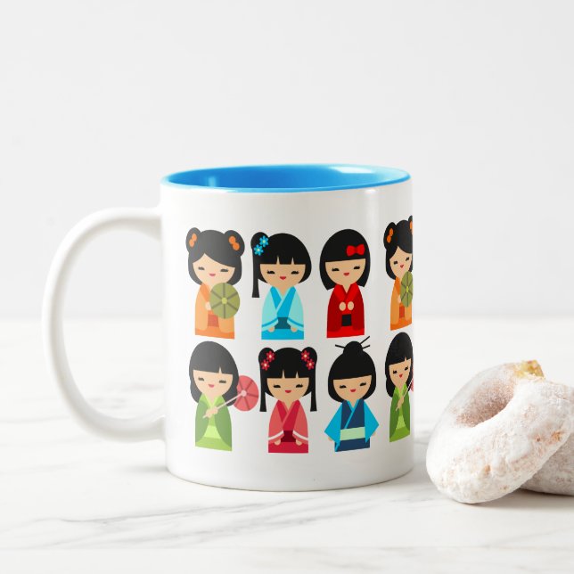 Cute Kokeshi Japanese dolls Two-Tone Coffee Mug (With Donut)