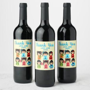 Cute Kokeshi Japanese dolls Wine Label