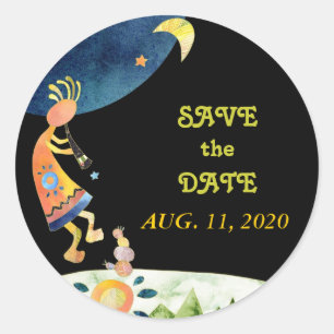 Cute Kokopelli Tribal Wedding Save the Date Classic Round Sticker
