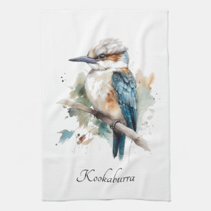 Cute Kookaburra on a branch painted in watercolor Tea Towel