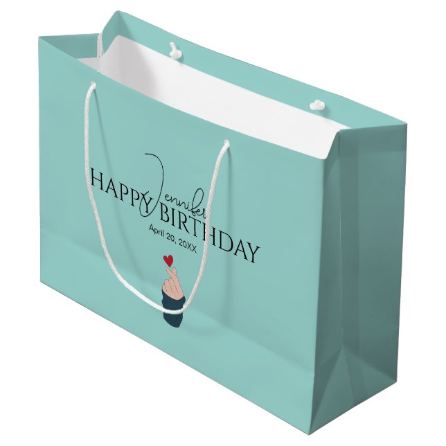 Cute Korean Finger With Heart Happy Birthday Large Gift Bag (Front Angled)