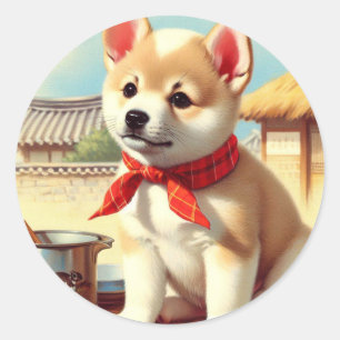 Cute Korean Jindo Dog Painting Classic Round Sticker