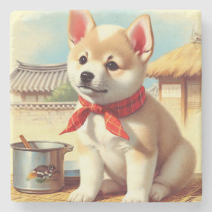Cute Korean Jindo Dog Painting Stone Coaster