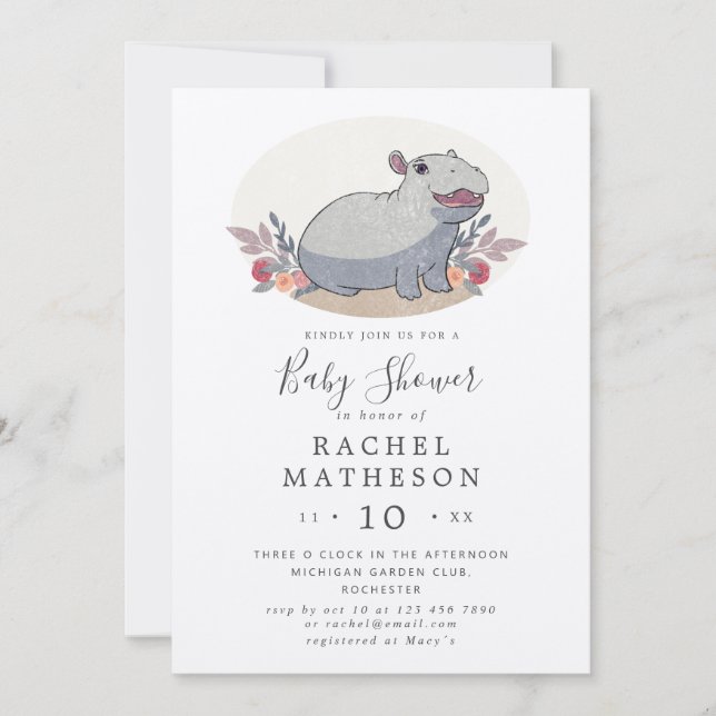 Cute kraft paper baby hippo baby shower invitation (Front)