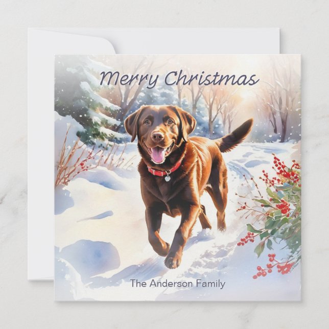 Cute Lab Chocolate Labrador Dog Merry Christmas Holiday Card (Front)