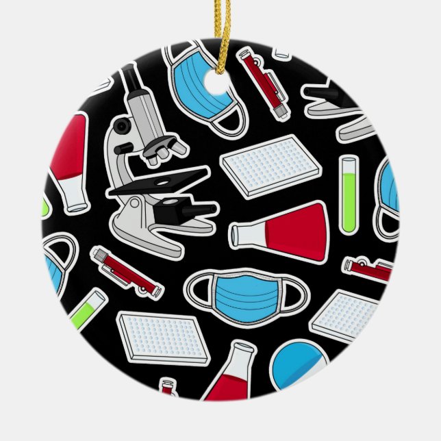 Cute Lab Pattern Black Background Ceramic Tree Decoration (Front)