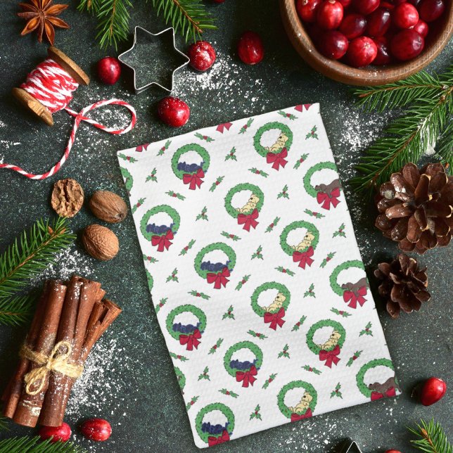 Cute Lab Puppy Holiday Wreaths Pattern Tea Towel (Creator Uploaded)