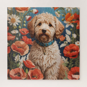 Cute Labradoodle Daisy And Poppy Flower Jigsaw Puzzle