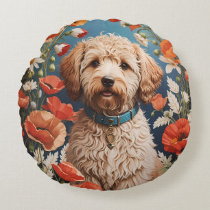 Cute Labradoodle Daisy And Poppy Flower Round Cushion