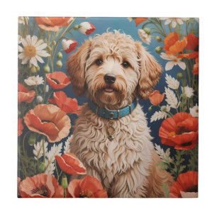 Cute Labradoodle Daisy And Poppy Flower Tile