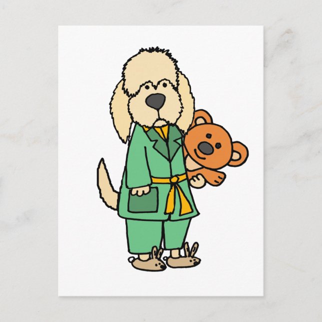 Cute Labradoodle Dog with Teddy Bear Cartoon Postcard (Front)