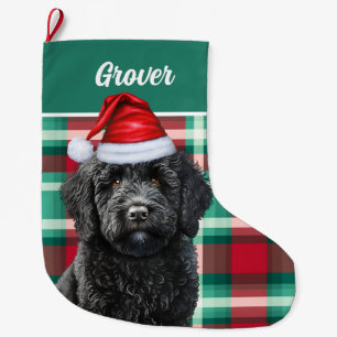 Cute Labradoodle Holiday Plaid Personalised Large Christmas Stocking