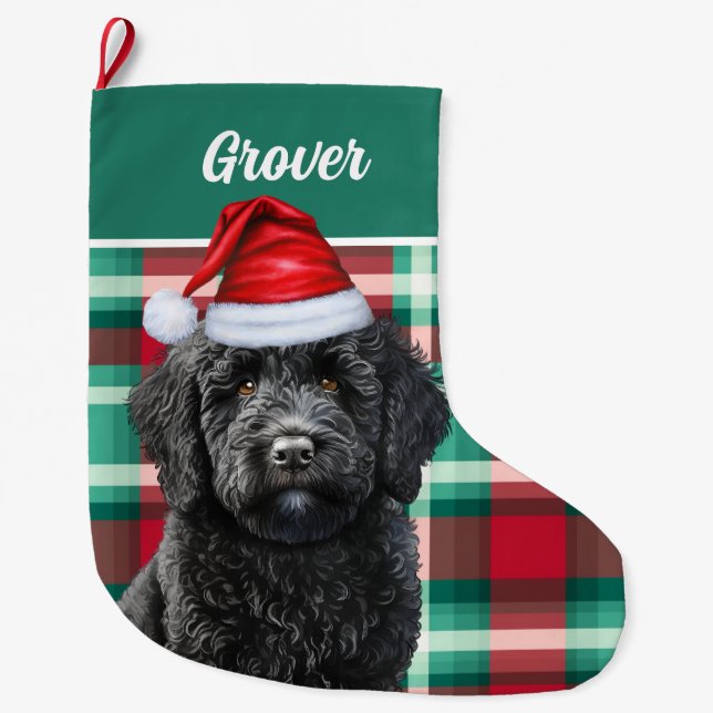 Cute Labradoodle Holiday Plaid Personalised Large Large Christmas Stocking (Front)