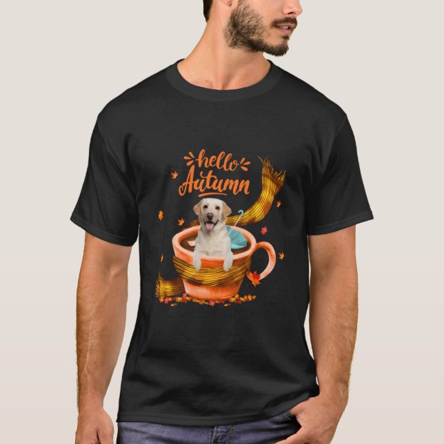 Cute Labrador Coffee Cup Hello Autumn T-Shirt (Front)