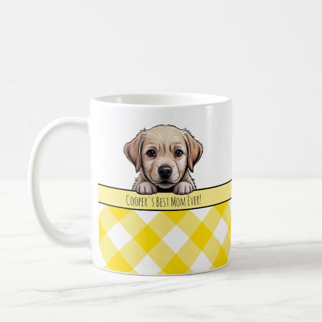 Cute Labrador Puppy Best Dog Mum Yellow Gingham Coffee Mug (Left)