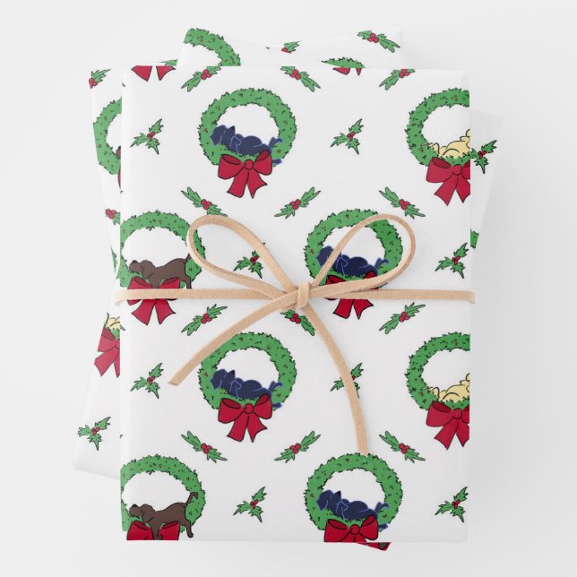 Cute Labrador Retriever Puppies Holiday Wreaths Wrapping Paper Sheet (In situ)