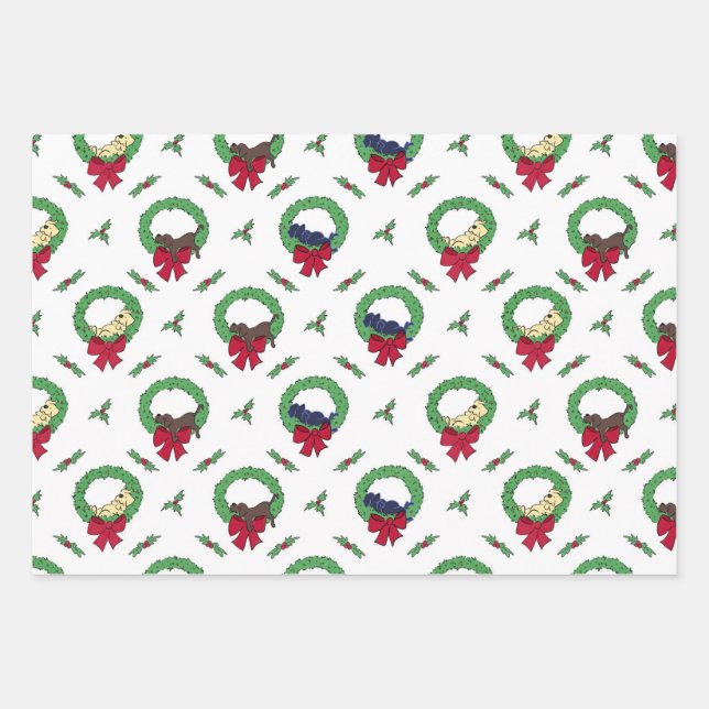 Cute Labrador Retriever Puppies Holiday Wreaths Wrapping Paper Sheet (Front)