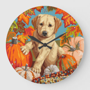 Cute Labrador Retriever Puppy Autumn Harvest Large Clock